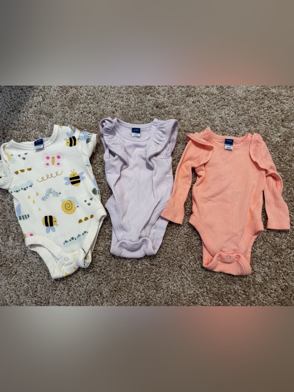 Old Navy Ribbed Bodysuit - Lavender, Coral & Bee Print Bundle NWOT 0-3 Months